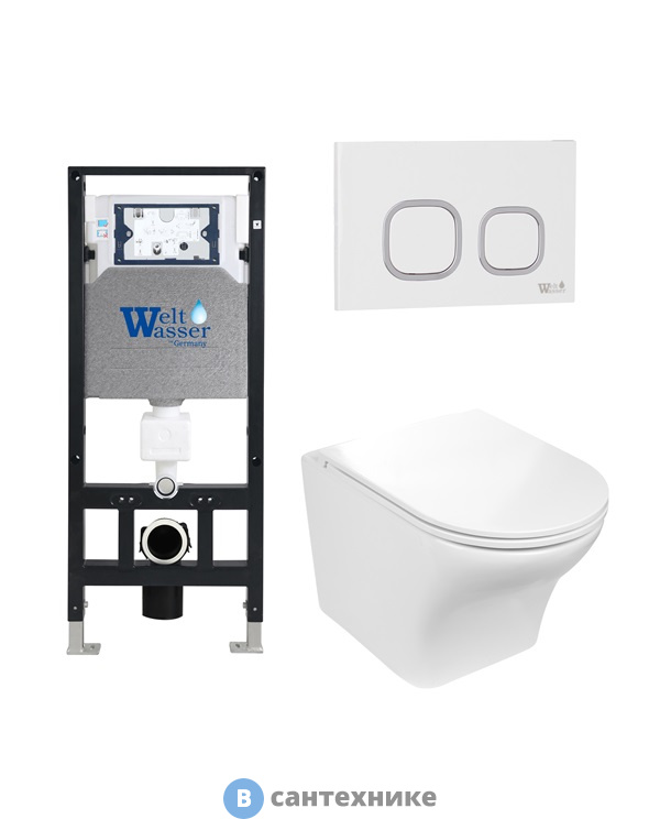 Унитаз с инсталляцией WELTWASSER и кнопкой смыва (AMBERG 506 + ODENBACH 004 GL-WT + AMBERG RD-WT)