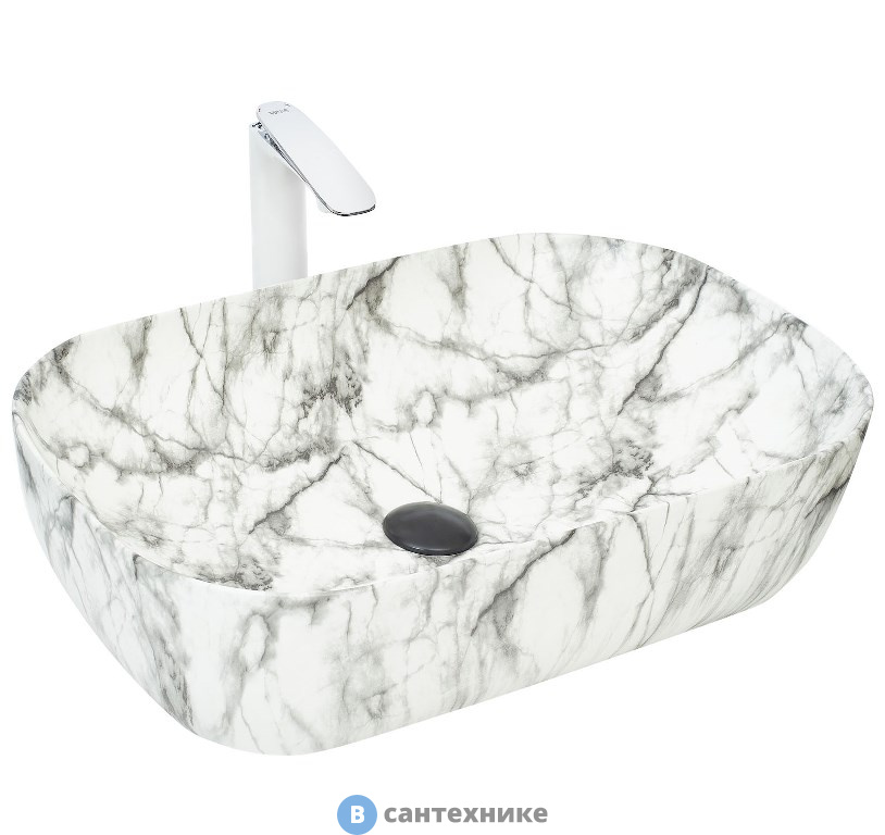Раковина WELTWASSER ELBACH 2143P M805 накладная (мрамор белая с серым) /610х400х145/