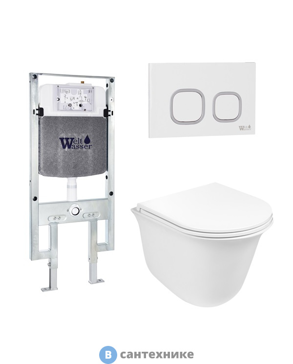 Унитаз с инсталляцией WELTWASSER и кнопкой смыва (AMBERG 497 ST + TELBACH 004 GL-WT + AMBERG RD-WT)