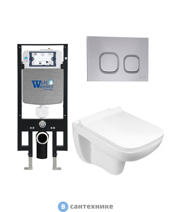 Унитаз с инсталляцией WELTWASSER и кнопкой смыва (AMBERG 497 + KEHLBACH 004 GL-WT + AMBERG RD-CR)