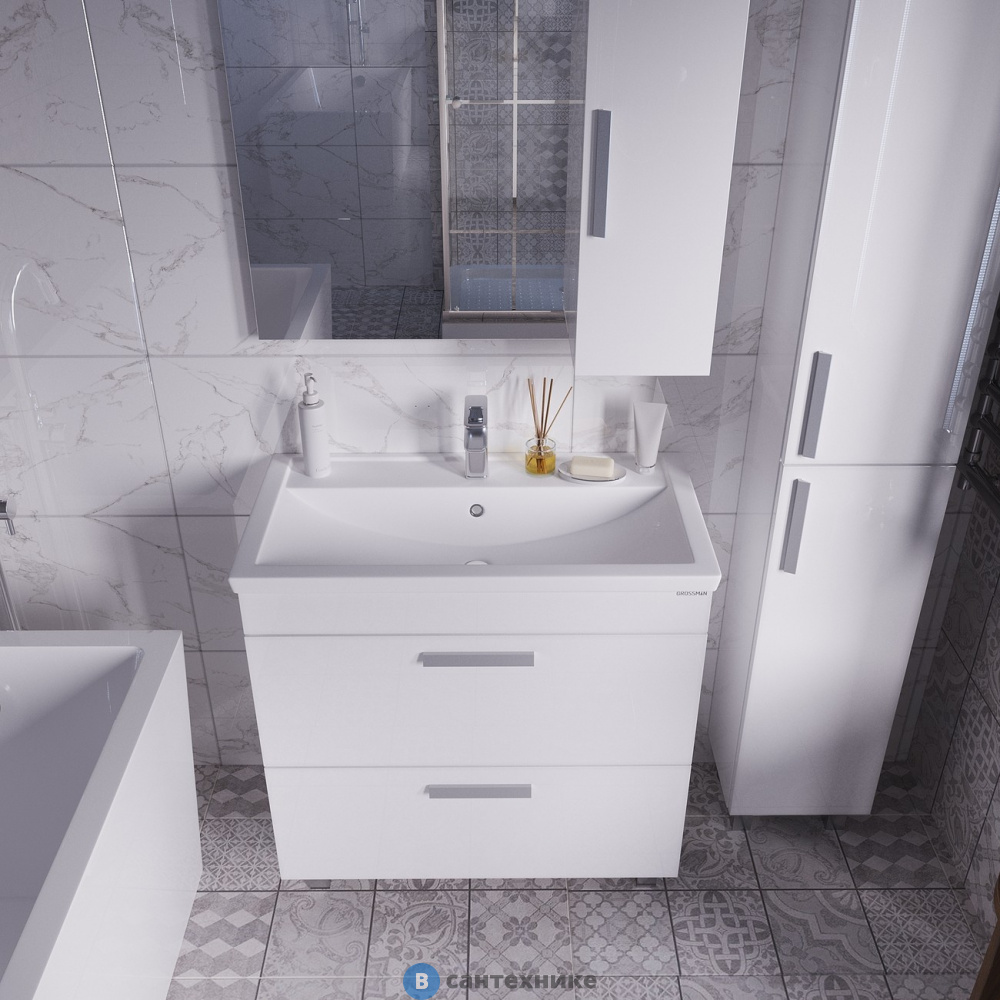 Тумба под раковину Grossman НЕО-80 см напольная с 2-я ящ. белая (ум.Фостер-80) (108019)