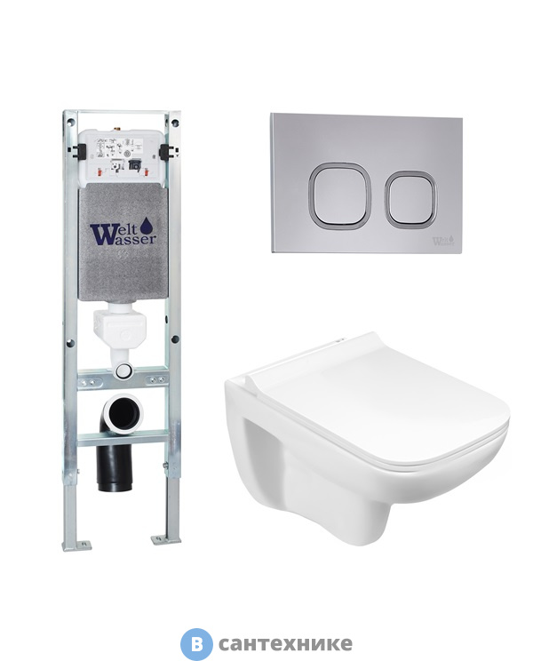 Унитаз с инсталляцией WELTWASSER и кнопкой смыва (AMBERG 350 ST + KEHLBACH 004 GL-WT + AMBERG RD-CR)