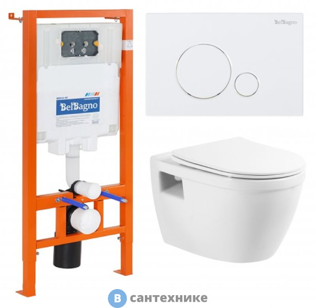 Комплект BelBagno 3 в 1 BB070CHR/SC/BB002-80/BB014-SR-BIANCO (унитаз подвесной с сиденьем BelBagno LOTO BB070CHR/SC + система инсталляции для унитазов BelBagno BB002-80 с кнопкой смыва BB014-SR-BI)