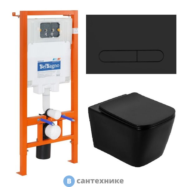 Комплект BelBagno 4 в 1 BB3202CHR-MB/BB3202SC-MB/BB002-80/BB007-PR-NERO.M (унитаз подвесной BelBagno ARDENTE-C BB3202CHR-MB с сиденьем BB3202SC-MB + система инсталляции для унитазов BelBagno BB002-80 с кнопкой)
