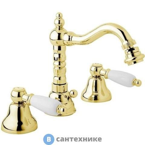 Смеситель Cezares FIRST-BBS2-03-Bi для биде на три отверстия с донным клапаном, золото, ручки белые