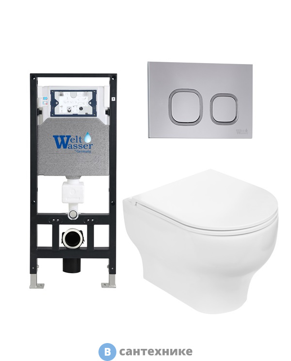 Унитаз с инсталляцией WELTWASSER и кнопкой смыва (AMBERG 506 + ERLENBACH 004 GL-WT + AMBERG RD-CR)