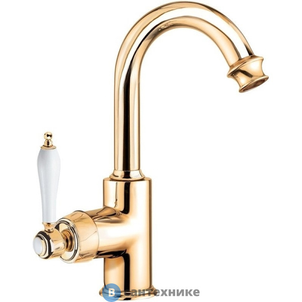 Смеситель Cezares APHRODITE-LS2-03/24-Bi на раковину с донным клапаном, золото 24 карат, ручки белые