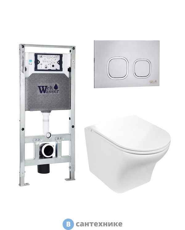 Унитаз с инсталляцией WELTWASSER и кнопкой смыва (AMBERG 506 ST + ODENBACH 004 GL-WT + AMBERG RD-MT CR)