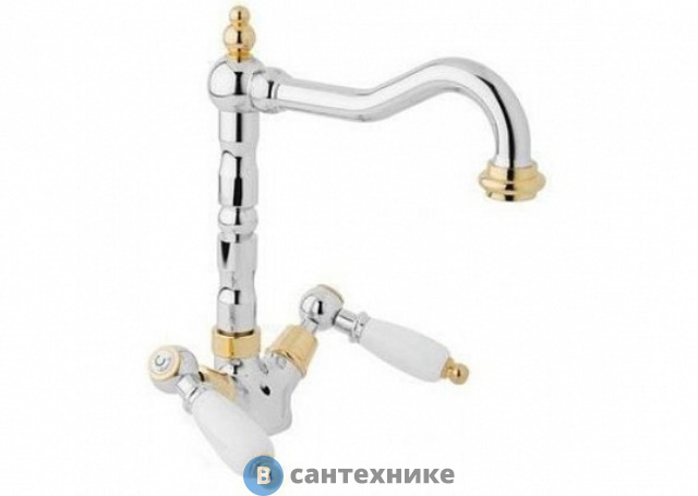 Смеситель Cezares FIRST-LS2-04-Bi на раковину с донным клапаном, хром/золото, ручки белые