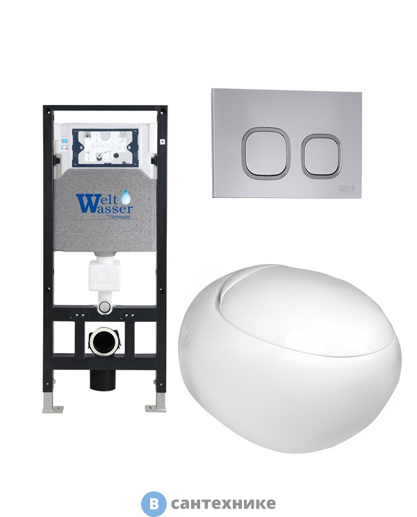 Унитаз с инсталляцией WELTWASSER и кнопкой смыва (AMBERG 506 + JECKENBACH 004 GL-WT + AMBERG RD-CR)