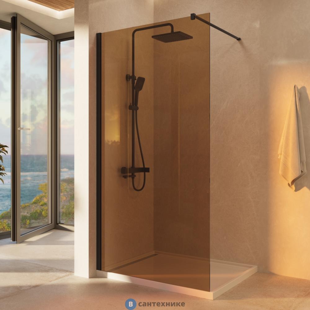 Душевая перегородка Vincea Walk-In VSW-1H100GSB, 1000*2000, черный матовый, стекло янтарь