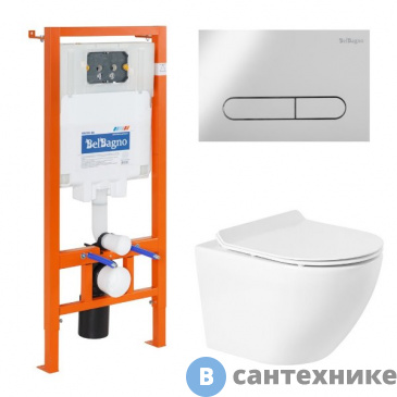 картинка Комплект BelBagno 4 в 1 BB046CHR/BB2111SC/BB002-80/BB014-SR-BIANCO (унитаз подвесной BelBagno SFERA-R BB046CHR с сиденьем BB2111SC + система инсталляции для унитазов BelBagno BB002-80 с кнопкой BB014-SR-BIANCO)