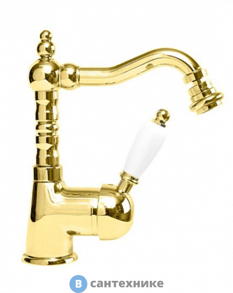 Смеситель Cezares ELITE-BSM2-03-Bi на биде однорычажный c донным клапаном, золото, ручка белые