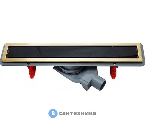 Душевой трап Pestan CONFLUO PREMIUM LINE GOLD WITH BLACK GLASS 13100116 650 мм линейный, чёрное стекло, рамка - позолота 24К