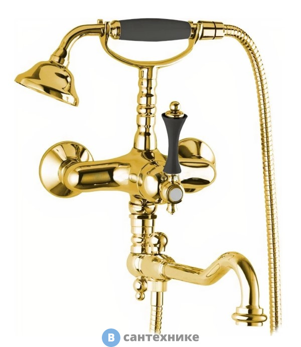 Смеситель Cezares MARGOT-VDFM2-03/24-N для ванны с поворотным изливом и ручным душем, золото, ручка чёрная