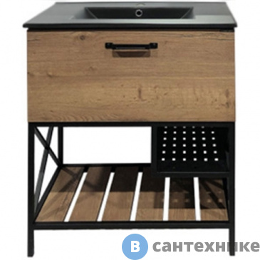 картинка Тумба Comforty Бредфорд-75 дуб темный с раковиной COMFORTY 75E черная матовая