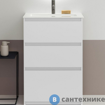 картинка Тумба с раковиной Burgbad LIN20 620х365хх902 мм, напольный, 3 ящика, с 1 отверстием для смесителя, раковина белая с сифоном, белый матовый (SGHQ062F5351C0001*1)