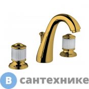 Смеситель Bongio CRISTALLO для раковины на 3 отверстия, с донным клапаном, ручки стекло белое, золото (04501OR00)