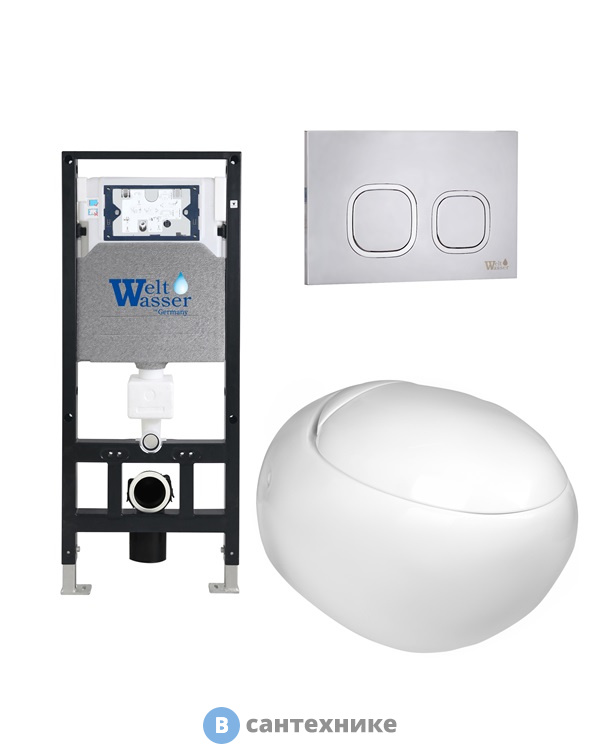 Унитаз с инсталляцией WELTWASSER и кнопкой смыва (AMBERG 506 + JECKENBACH 004 GL-WT + AMBERG RD-MT CR)