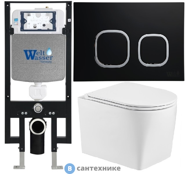 Унитаз с инсталляцией WELTWASSER и кнопкой смыва (AMBERG 497 + NESENBACH 004 GL-WT + AMBERG RD-BL)
