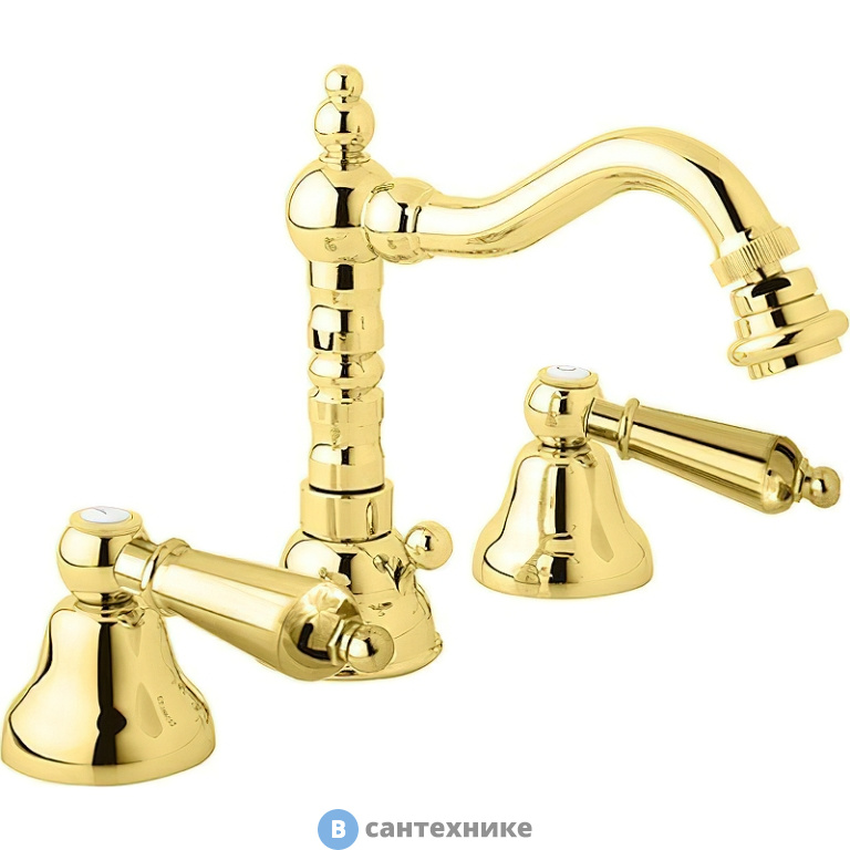 Смеситель Cezares FIRST-BBS2-03/24-M для биде на три отверстия с донным клапаном, золото, ручки золото