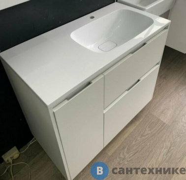 картинка Тумба под раковину Style line Барселона 90 правая (2 ящ.) с выкатной корзиной, Люкс белая, напольная Plus (2000564364004)