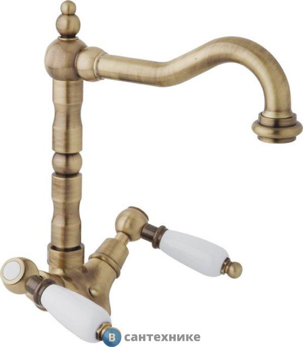 Смеситель Cezares FIRST-LS2-02-Bi для раковины с донным клапаном, бронза, ручки белые