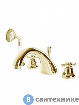 картинка Смеситель Cezares GOLF-BVD-03/24-Bi на борт ванны с ручным выдвижным душем золото, ручки белые