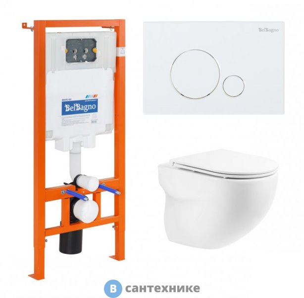 Комплект BelBagno 4 в 1 BB066CHR/BB870SC/BB002-80/BB014-SR-BIANCO (унитаз подвесной BelBagno ONDA BB066CHR с сиденьем BB870SC + система инсталляции для унитазов BelBagno BB002-80 с кнопкой смыва BB014-S)