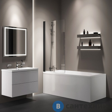 картинка Шторка АМ.РМ Gem W90BS-D080-140BT на борт ванны 80х140, поворотная, профиль чёрный мат, стекло прозрачное