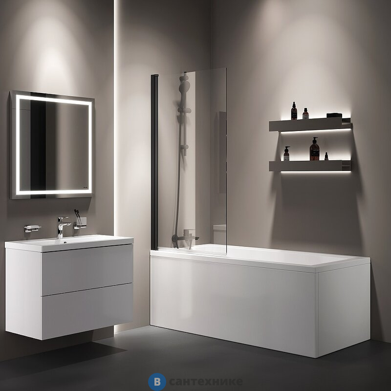 Шторка АМ.РМ Gem W90BS-D080-140BT на борт ванны 80х140, поворотная, профиль чёрный мат, стекло прозрачное