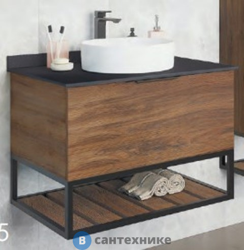 Тумба Comforty Порто-75 дуб тёмно-коричневый с чёрной столешницей, c раковиной COMFORTY 9110