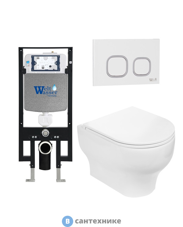 Унитаз с инсталляцией WELTWASSER и кнопкой смыва (AMBERG 497 + ERLENBACH 004 GL-WT + AMBERG RD-WT)