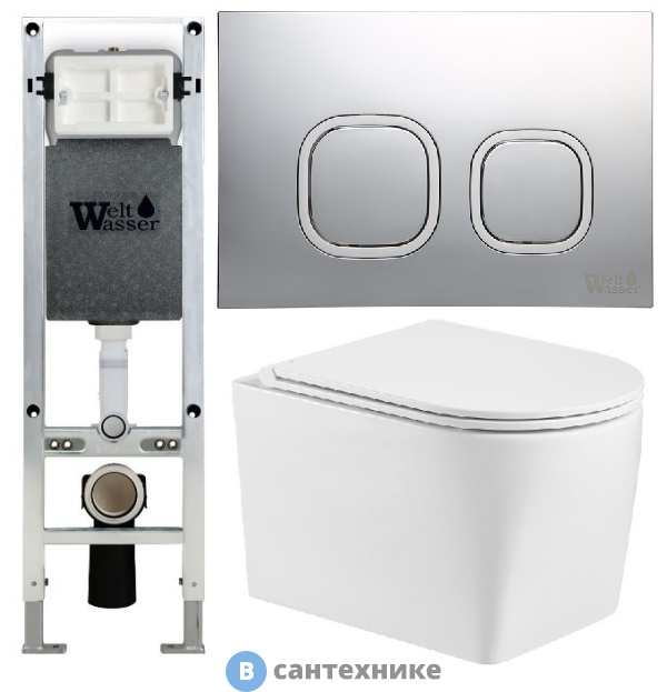 Унитаз с инсталляцией WELTWASSER и кнопкой смыва (AMBERG 350 ST + NESENBACH 004 GL-WT + AMBERG RD-MT CR)