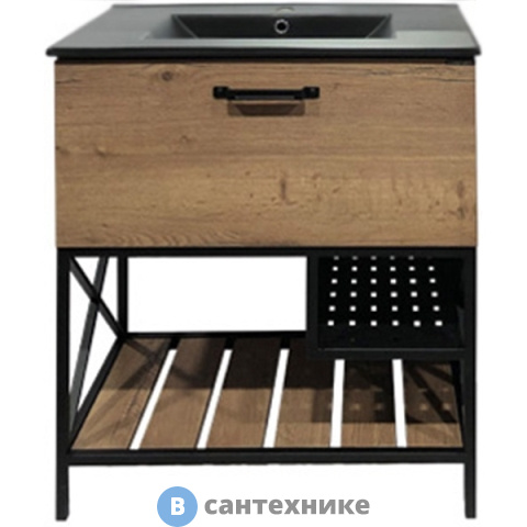 Тумба Comforty Бредфорд-75 дуб темный с раковиной COMFORTY 75E черная матовая