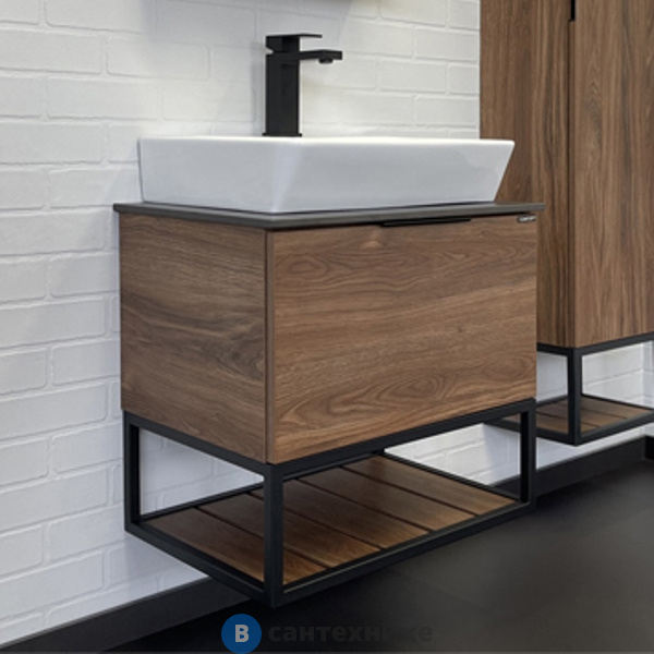 Тумба Comforty Порто-60 дуб тёмно-коричневый с черной столешницей №8 c раковиной COMFORTY 9055RA-50