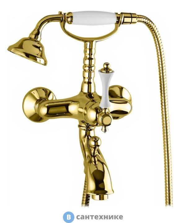 Смеситель Cezares MARGOT-VDM-03/24-Bi для ванны с ручным душем, золото, ручка белая