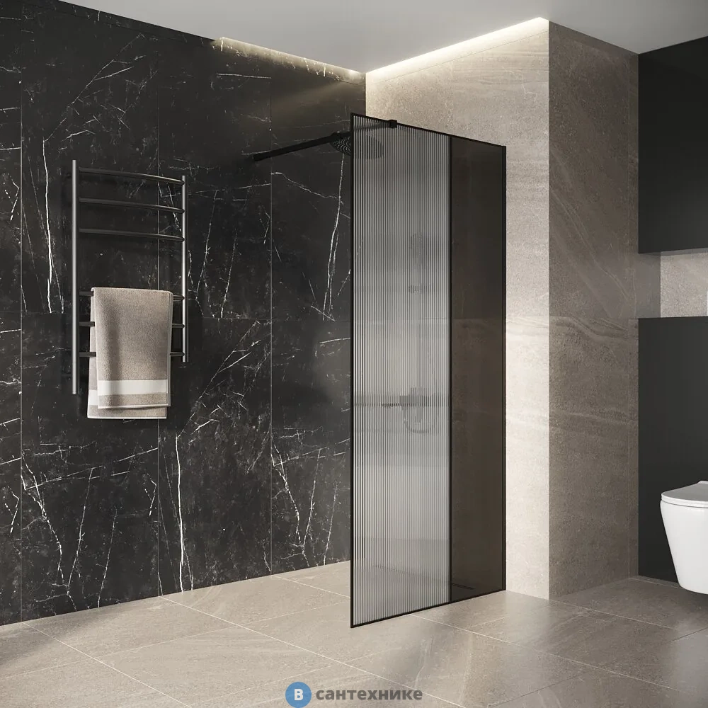 Душевая перегородка Niagara Nova NG-481-90F BLACK (90х200) черный матовый, стекло рифленое/тонированное