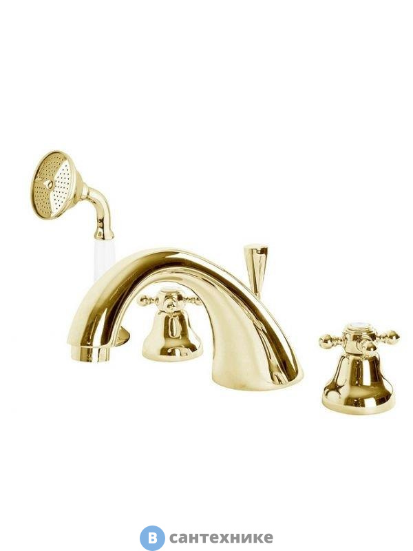 Смеситель Cezares GOLF-BVD-03/24-Bi на борт ванны с ручным выдвижным душем золото, ручки белые