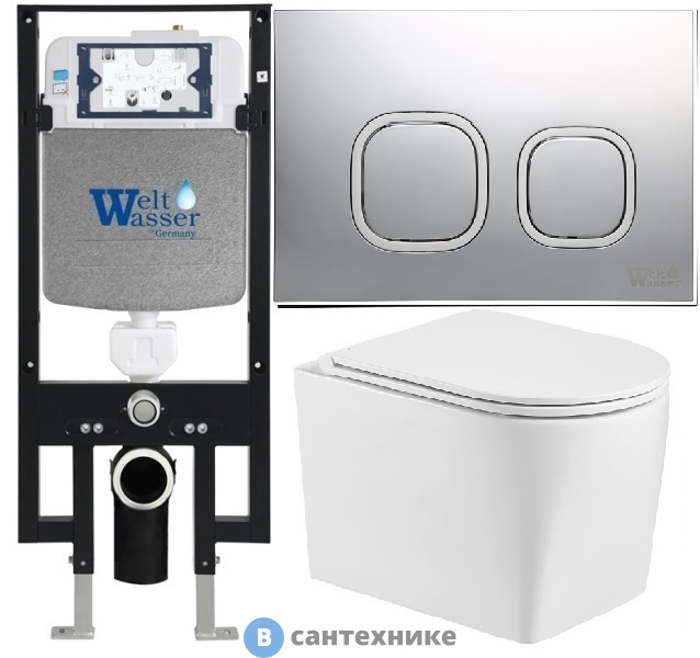 Унитаз с инсталляцией WELTWASSER и кнопкой смыва (AMBERG 497 + NESENBACH 004 GL-WT + AMBERG RD-MT CR)