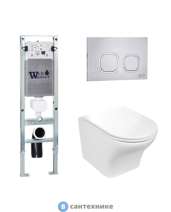 Унитаз с инсталляцией WELTWASSER и кнопкой смыва (AMBERG 350 ST + ODENBACH 004 GL-WT + AMBERG RD-MT CR)