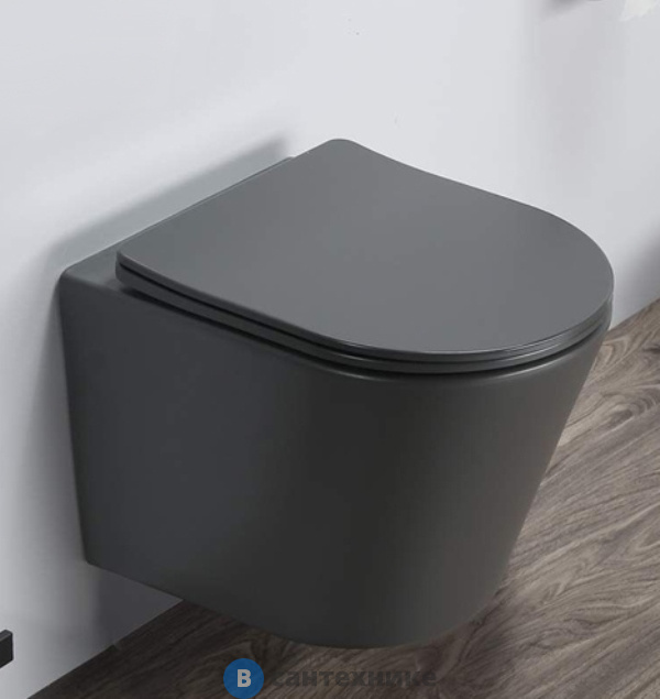 Унитаз подвесной Comforty 105MDH безободковый, сиденье дюропласт softclose тонкое, быстросъёмное (графит матовый) (00-00007648)