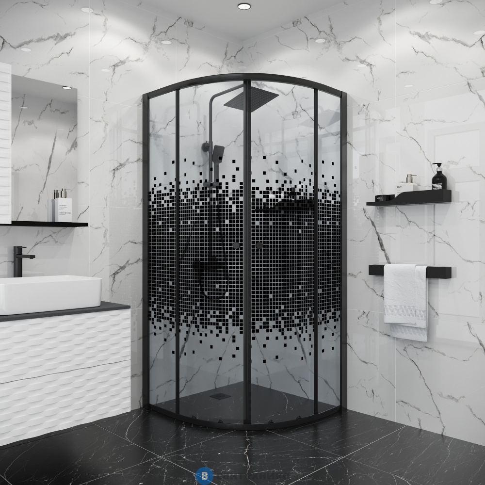 Душевое ограждение Niagara Eco NG-1003-14 BLACK (80х80х190) четверть круга, раздвижное, черный, стекло мозаика