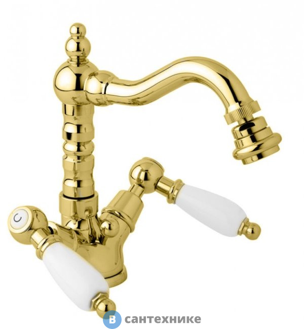 Смеситель Cezares FIRST-BS2-03/24-Bi на биде с донным клапаном, золото, ручки белые