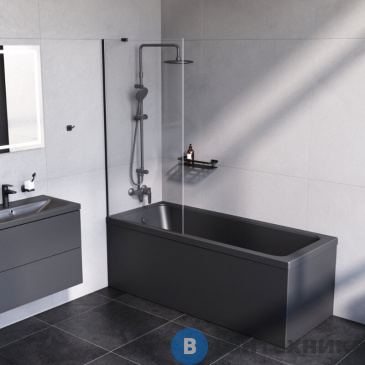 картинка Шторка АМ.РМ Gem W90BS-080-140BT на борт ванны 80х140, фиксированная, чёрный, стекло прозрачное