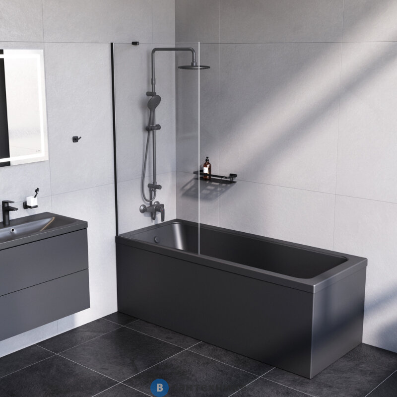 Шторка АМ.РМ Gem W90BS-080-140BT на борт ванны 80х140, фиксированная, чёрный, стекло прозрачное