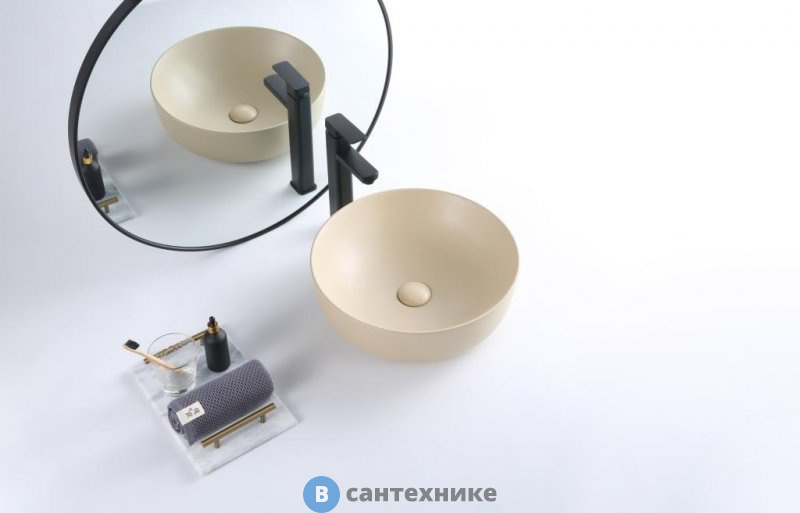 Раковина BelBagno BB1315-H316 накладная керамическая, круглая, бежевая матовая 410x410x130