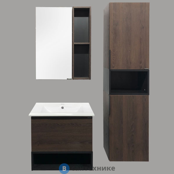 Комплект мебели Comforty Франкфурт-60 дуб шоколадно-коричневый (зеркало+тумба+раковина) (витрина)