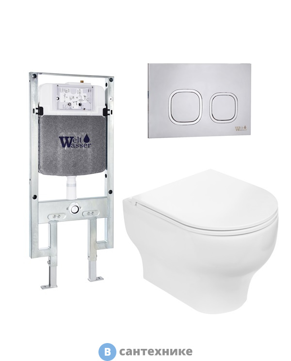 Унитаз с инсталляцией WELTWASSER и кнопкой смыва (AMBERG 497 ST + ERLENBACH 004 GL-WT + AMBERG RD-MT CR)