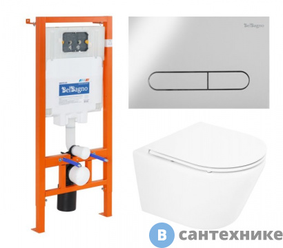 картинка Комплект BelBagno 3 в 1 BB8001CHR/SC/BB002-80/BB005-PR-CHROME (унитаз подвесной с сиденьем BelBagno TRE BB8001CHR/SC + система инсталляции для унитазов BelBagno BB002-80 с кнопкой смыва BB005-PR-CH)